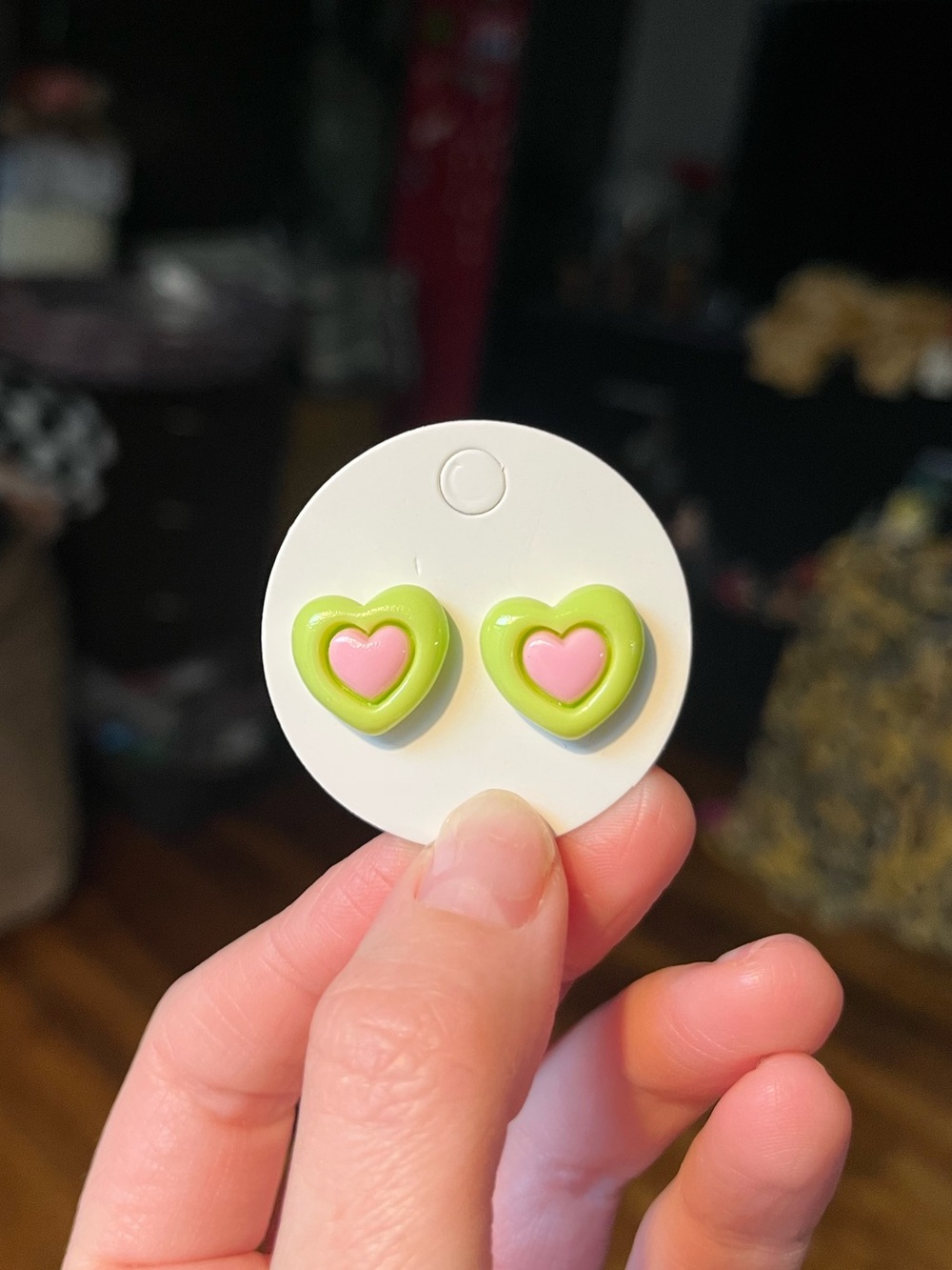 Hand Crafted Green and Pink Heart Stud Earrings - Picture 4 of 5